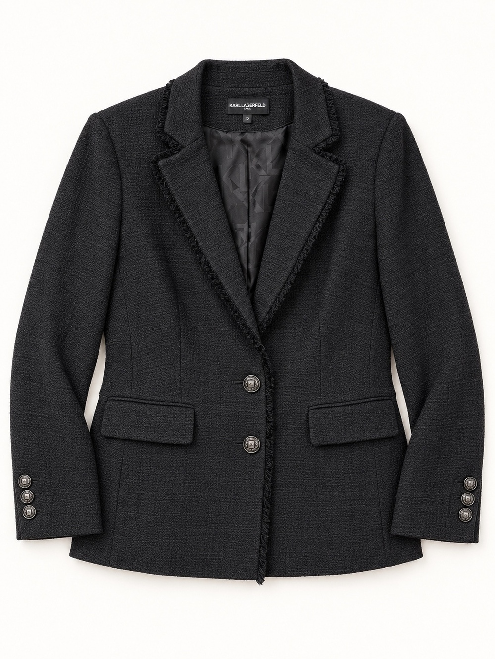 Karl Lagerfeld Paris Black Tweed Fringe Blazer Jacket Size 12
